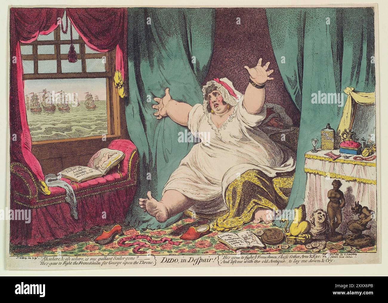 Ein lustiger satirischer Farbstich von Dido in Verzweiflung Aquarellgravierung auf Papier menschliche Karikaturen aus der georgischen Ära des 18. Jahrhunderts, geschaffen von James Gillray, antiken Vintage-Humor-Kunstwerken Stockfoto