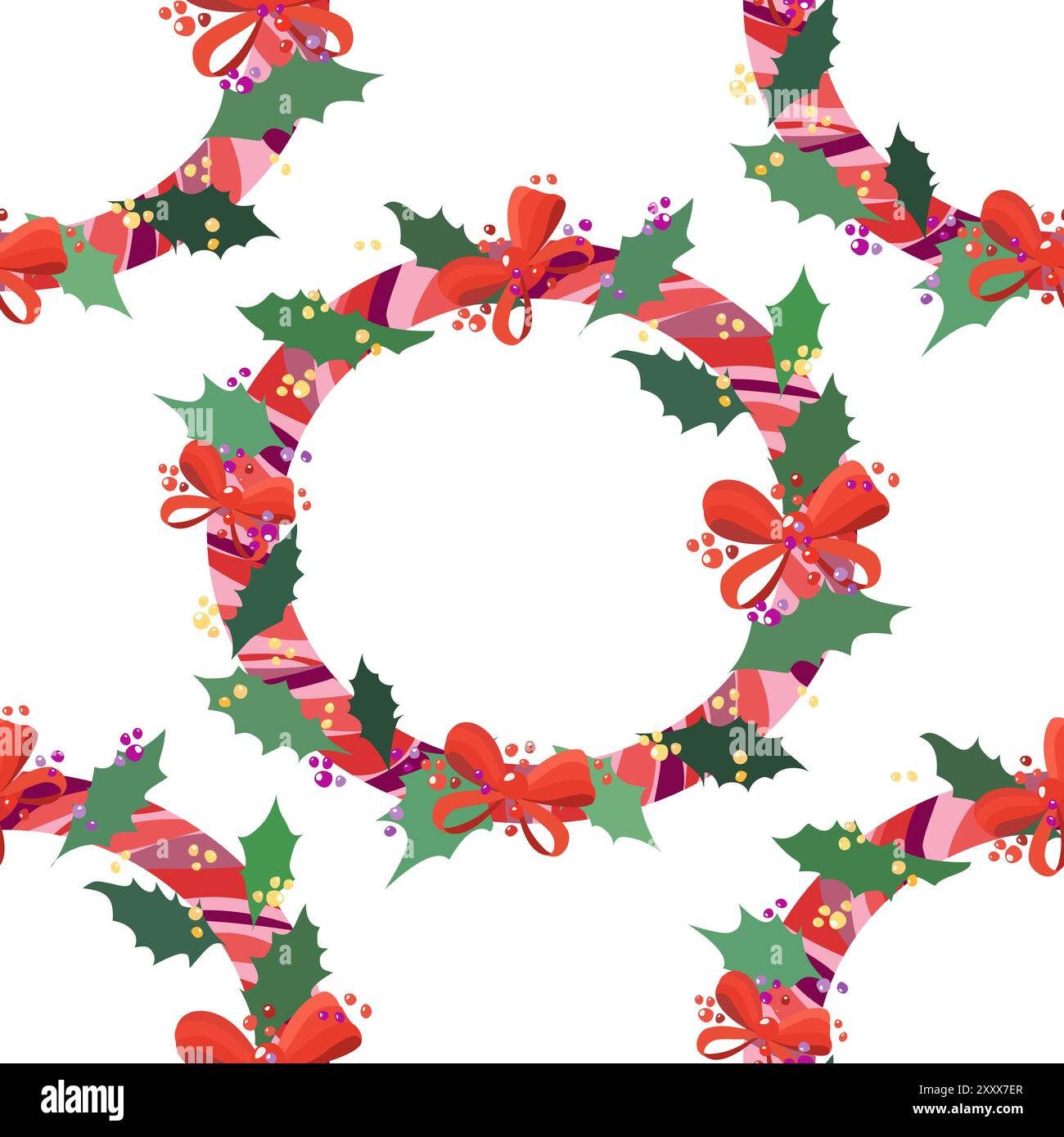 Nahtloses Vektor-Muster mit mehrfarbigen runden Weihnachtskränzen mit Bögen, grünen Blättern und stechpalmenbeeren auf einem weißen Hintergrund. Stock Vektor