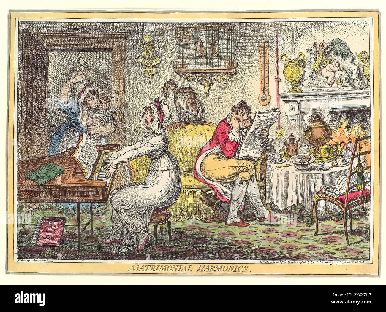 Ein humorvoller Farbstich mit Cartoondruck eheliche Harmonien, Aquarellgravur auf Papier menschliche Karikaturen Humor aus der georgischen Ära des 18. Jahrhunderts, geschaffen von James Gillray, antikes satirisches Vintage-Druckkunstwerk Stockfoto