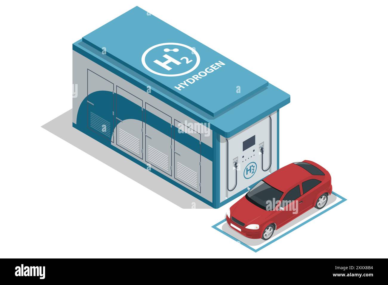 Isometrischer Transport mit Wasserstoff-Kraftstoff. Autoladestation mit Wasserstoff-Kraftstoff und Spendern für H2-Fahrzeuge. Grüne Energie. Wasserstoffstation Stock Vektor