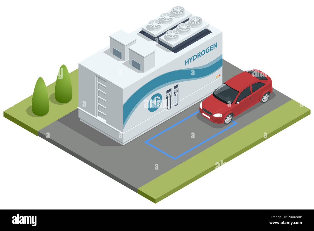 Isometrischer Transport mit Wasserstoff-Kraftstoff. Autoladestation mit Wasserstoff-Kraftstoff und Spendern für H2-Fahrzeuge. Grüne Energie. Wasserstoffstation Stock Vektor
