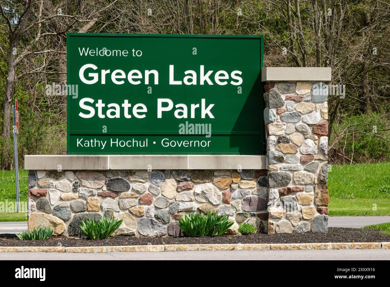 Green Lakes State Park Eingangsschild, Fayetteville, New York Stockfoto