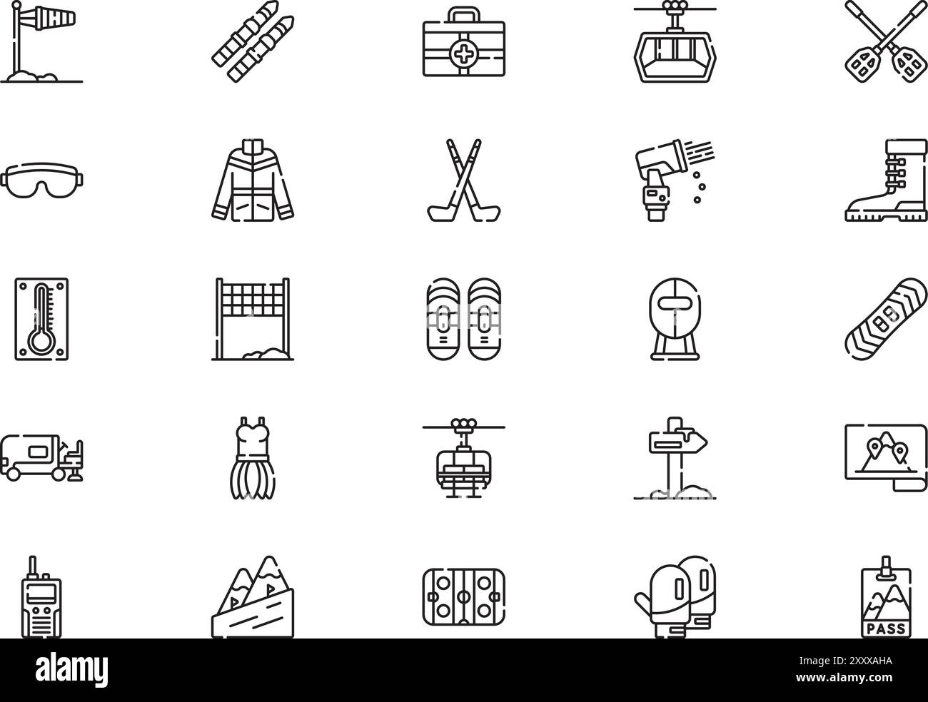 Die Kollektion „Winter Sports Icons“ ist eine Vektorillustration mit bearbeitbarem Strich. Stock Vektor