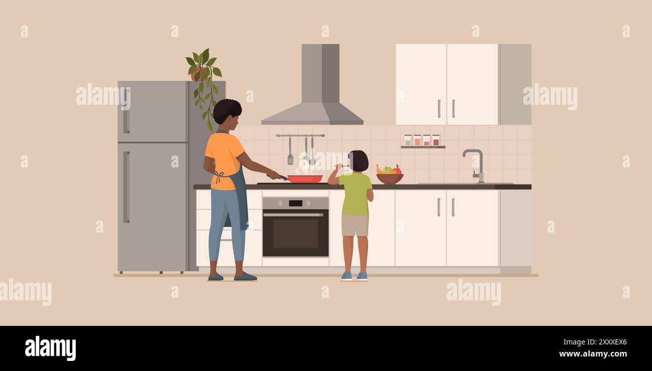 Mutter und Tochter kochen gemeinsam in Küche, Familie und Lebensstil Stock Vektor