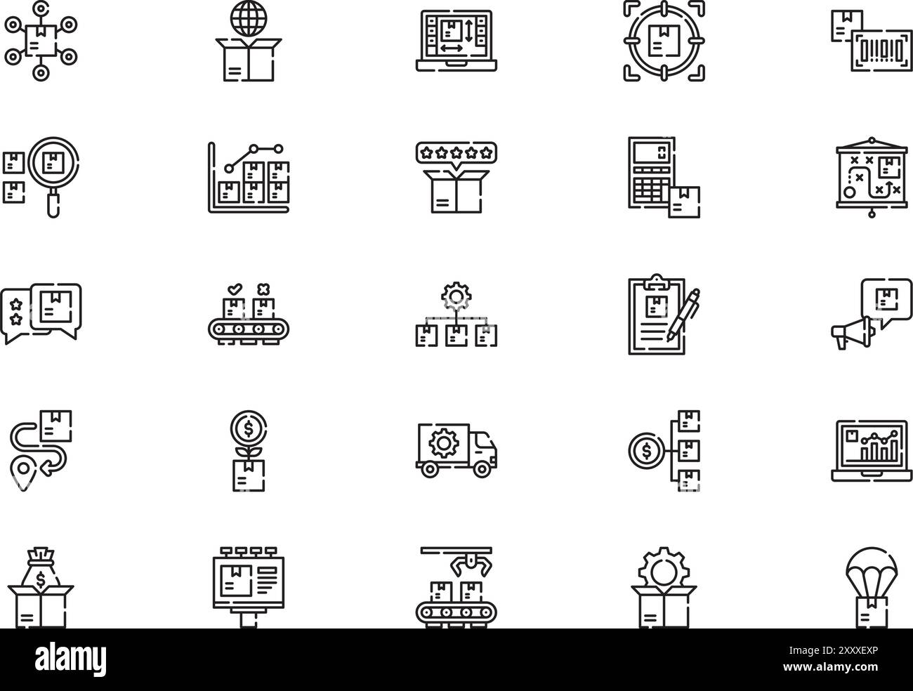 Die Sammlung der Symbole für die Produktverwaltung ist eine Vektorillustration mit bearbeitbarer Kontur. Stock Vektor