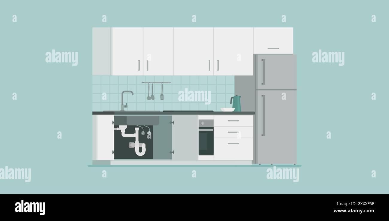 Sanitär- und Abflussleitungen in einem Küchenschrank, Hauspflege und -Reparatur Stock Vektor