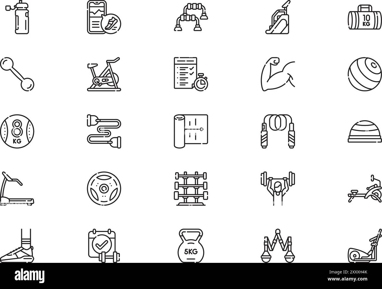 Die Kollektion „Fitness Icons“ ist eine Vektorillustration mit bearbeitbarem Strich. Stock Vektor
