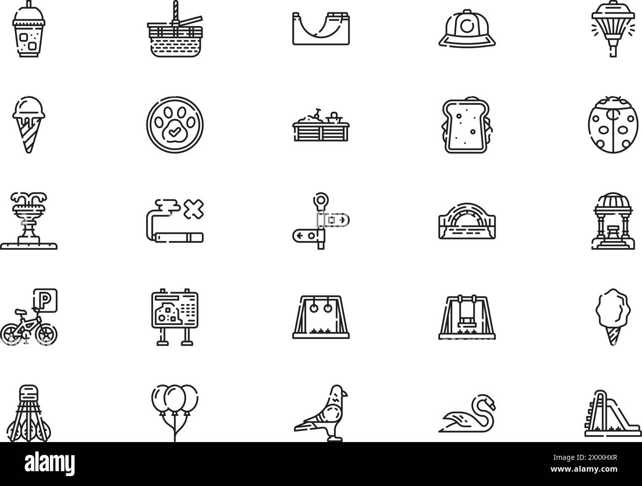 Die Kollektion City Park Icons ist eine Vektorillustration mit bearbeitbarem Strich. Stock Vektor