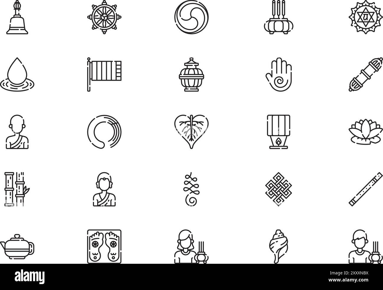 Die Sammlung Buddhismus Icons ist eine Vektorillustration mit bearbeitbarem Strich. Stock Vektor