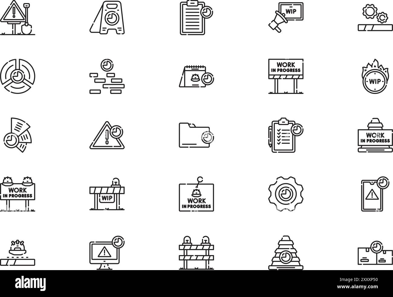 Die Icons-Sammlung „in Bearbeitung“ ist eine Vektorillustration mit bearbeitbarer Kontur. Stock Vektor