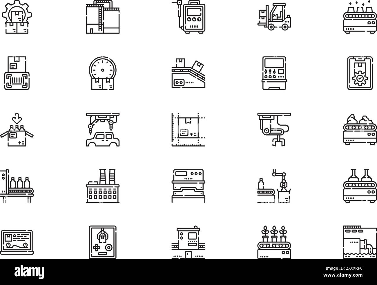 Die Sammlung von Symbolen für die Massenproduktion ist eine Vektorillustration mit bearbeitbarer Kontur. Stock Vektor