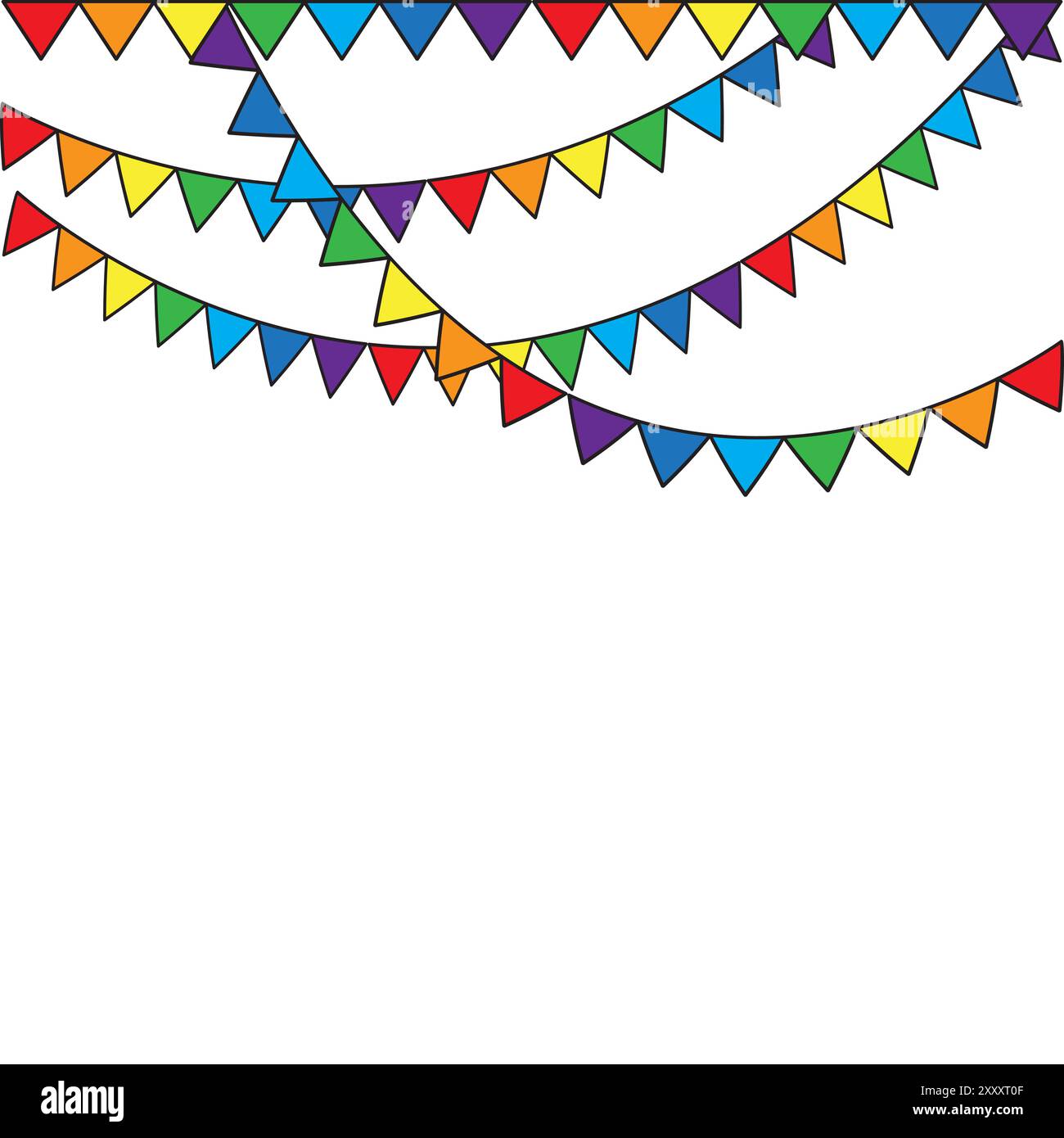 Buntes Dreiecksbündchen. Helle Einrichtung für Festivals. Lebendige Flaggengirlande. Partyfeier Vektor. Stock Vektor