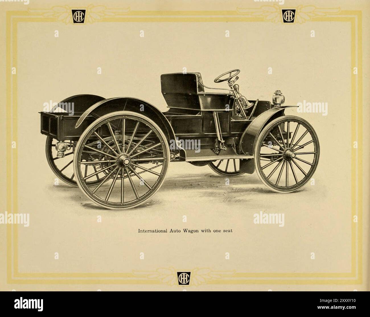 Internationaler Auto-Wagon mit einem Sitz. Vintage-Werbung von International Auto Buggies und Auto Wagons von International Harvester Company of America. 1905 Stockfoto