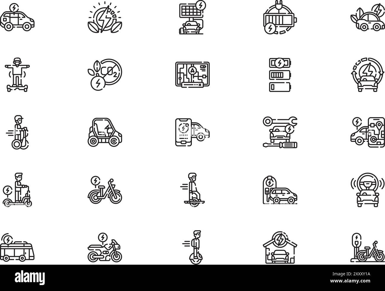 Die Sammlung der Symbole für den elektrischen Transport ist eine Vektorillustration mit bearbeitbarem Kontur. Stock Vektor