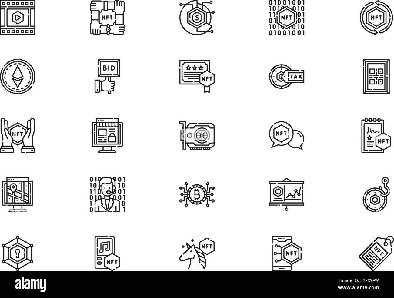 Die NFT-Icons-Sammlung ist eine Vektorillustration mit bearbeitbarer Kontur. Stock Vektor