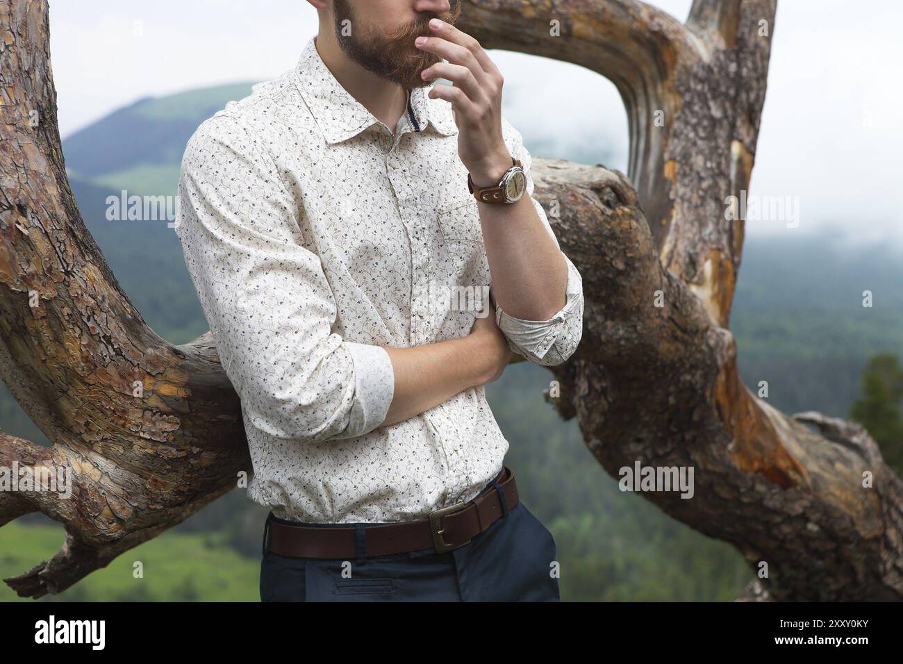 Porträt des Bräutigams Hipster oben auf dem Berg Stockfoto