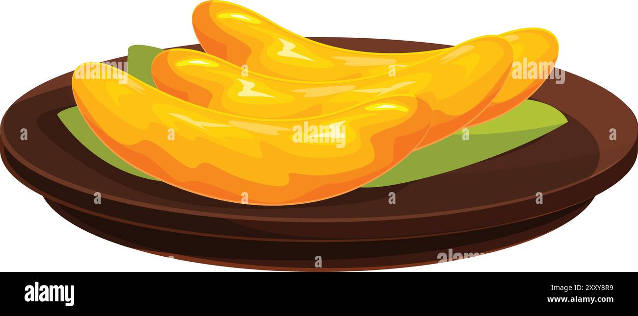 Drei klebrige Mango-Reis auf Holzteller mit Bananenblatt zur Dekoration, beliebtes thailändisches Dessert Stock Vektor