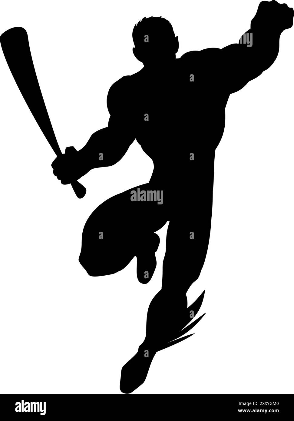 Silhouette eines Superhelden mit einer Fledermaus in fliegender Position auf weißem Hintergrund. Geeignet für Aufkleber, Logos, Symbole Stock Vektor