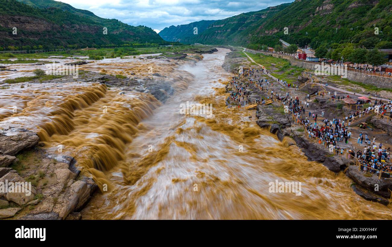 SShaanxi, China. August 2024. Die Stadt Yan'an, Provinz Shaanxi, die von den Niederschlägen am Fluss betroffen ist, sind die Haupt- und Nebenwasserfälle des Hukou Wasserfalls am Gelben Fluss eng miteinander verbunden. Credit:Song Xiangbo/China News Service/Alamy Live News Stockfoto