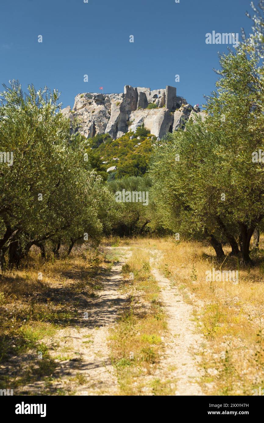 Eine malerische Landstraße führt zum historischen Chateau des Baux, einer Burgruine auf einem malerischen Felsvorsprung in Les Baux de Provence in Frankreich Stockfoto