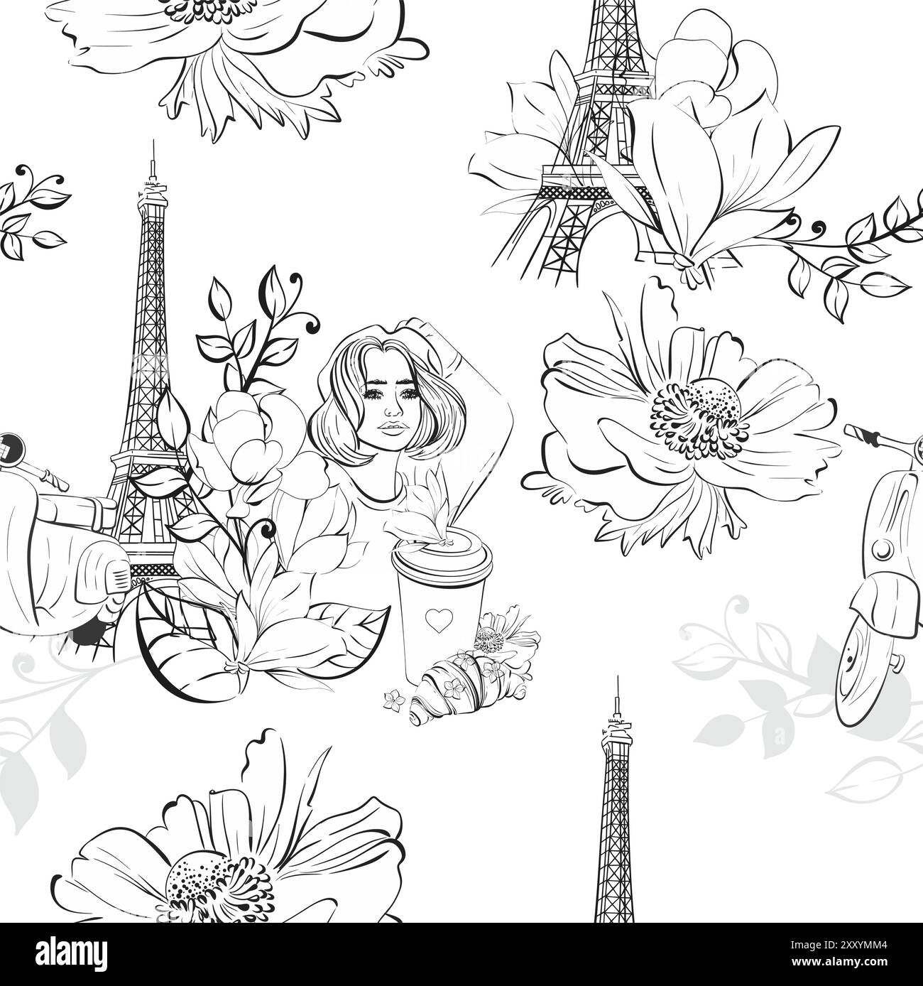 Nahtloses Vector Paris-Muster. Je Tame. Eiffelturm mit Reise nach Frankreich, Mädchen und Papier Tasse Kaffee, süße Desserts und Bäckerei, Street Food. Schwarz Stock Vektor