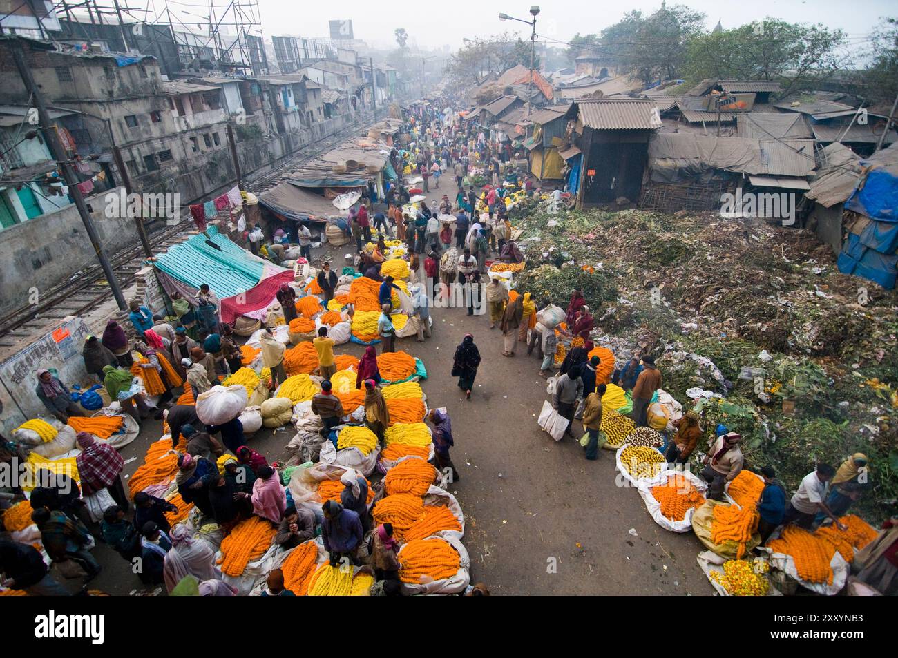 Mallick Ghat ist einer der größten Blumenmärkte in Asien. Szenen am frühen Morgen auf dem Markt in Kalkutta, Westbengalen, Indien. Stockfoto