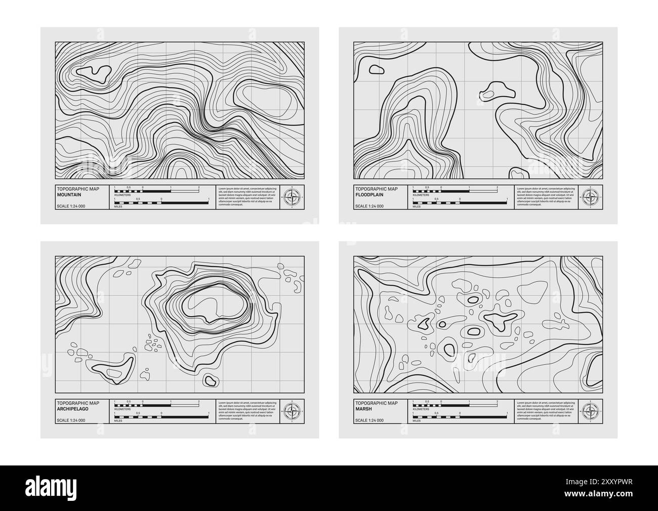 Geografische Relief-Konturkarte, topografische Poster Set. Abstrakte Linienzeichnung repräsentiert Landhöhe mit minimalistischem Kunstdesign Stock Vektor