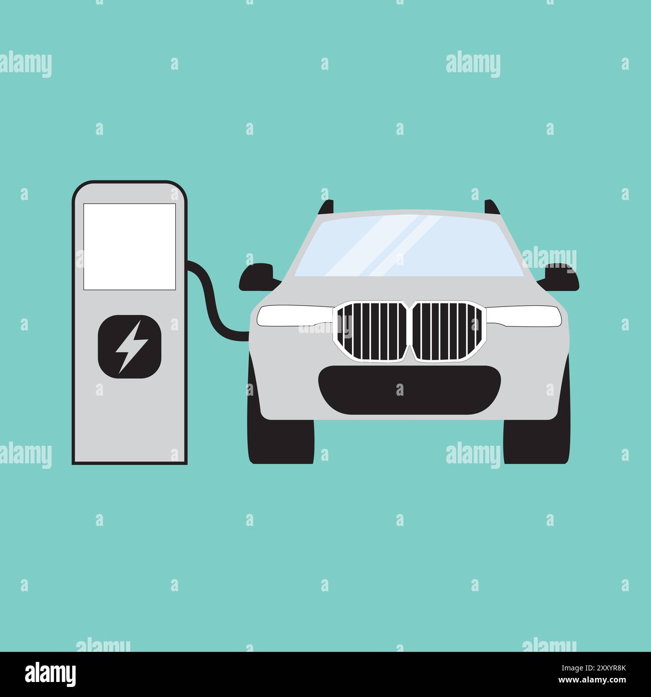 Elektroauto EV-Ladestation Vektorkonzept. Abbildung der Energie des Elektrofahrzeugladegeräts im Hintergrund der Neonbatterie Stock Vektor