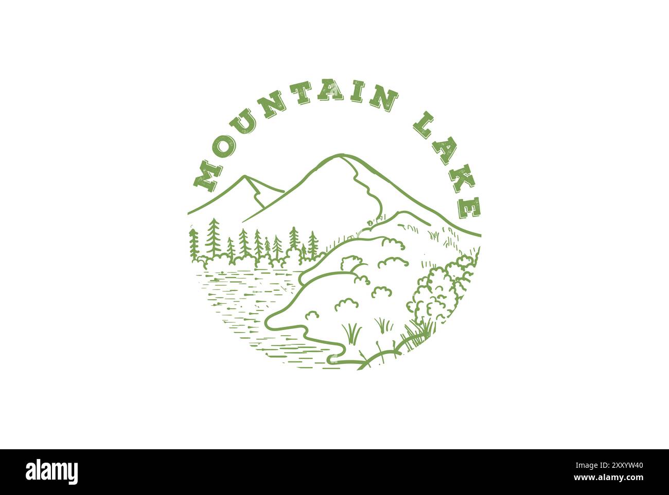 Mountain Pine Forest mit Lake River Creek und Island Logo Design Stock Vektor