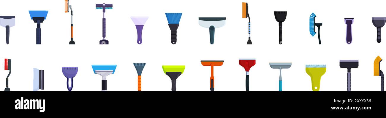 Scraper Cleaning Car Symbole gesetzt. Satz von Autoeiskratzern in verschiedenen Formen und Größen, perfekt zum Entfernen von Eis und Schnee von Windschutzscheiben Stock Vektor