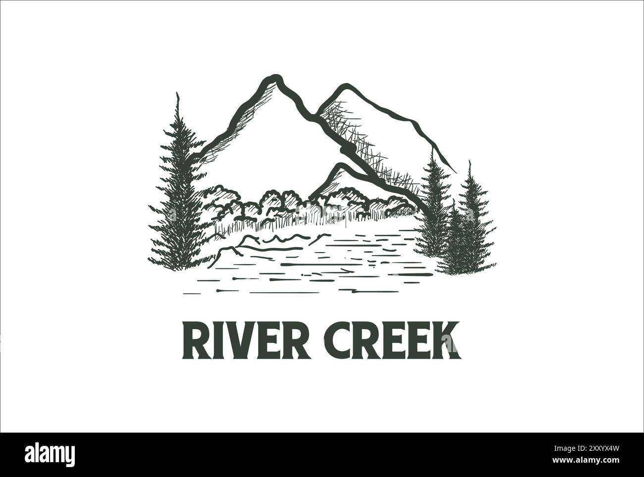 Berg mit River Creek und Kiefer immergrüne Nadeltanne Zypressen Lärchen Wald Logo Design Vektor Stock Vektor