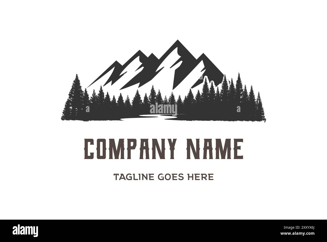 Retro Vintage Ice Snow Mountain und Pine Cedar Fice Conifer Evergreen Tanne Lärch Cypress Hemlock mit Creek River Lake Valley für die Wildnis Stock Vektor