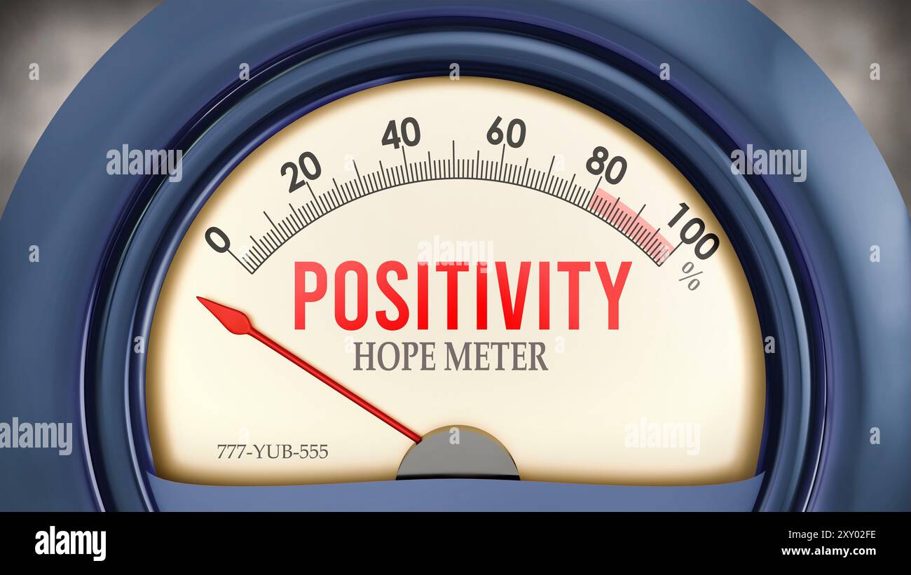 Positivitäts- und Hope-Meter, der weniger als Null erreicht und ein extrem niedriges Positivitätsniveau anzeigt, keines davon, unzureichend. Mindestwert unter n Stockfoto