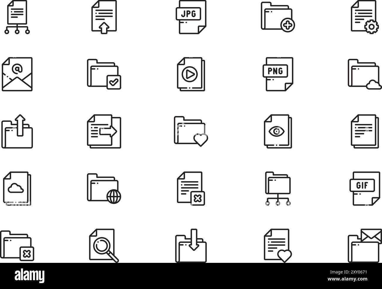 Die Sammlung von Datei- und Dokumentsymbolen ist eine Vektorillustration mit bearbeitbarer Kontur. Stock Vektor