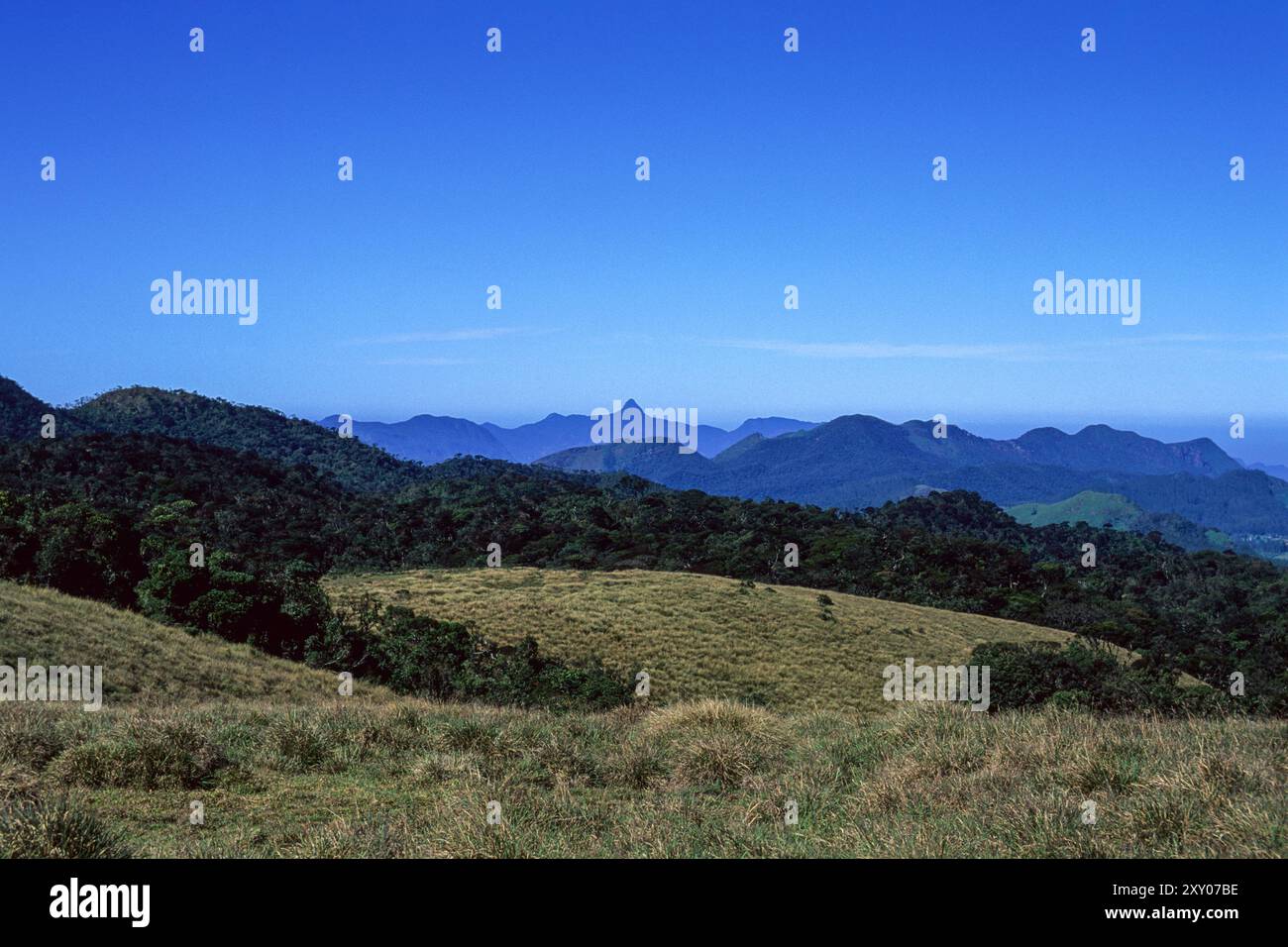 Fernansicht des Adams Peak vom Horton Plains National Park im Nuwara Eliya District, Zentralprovinz in Sri Lanka. Archivbild, das 2001 aufgenommen wurde Stockfoto