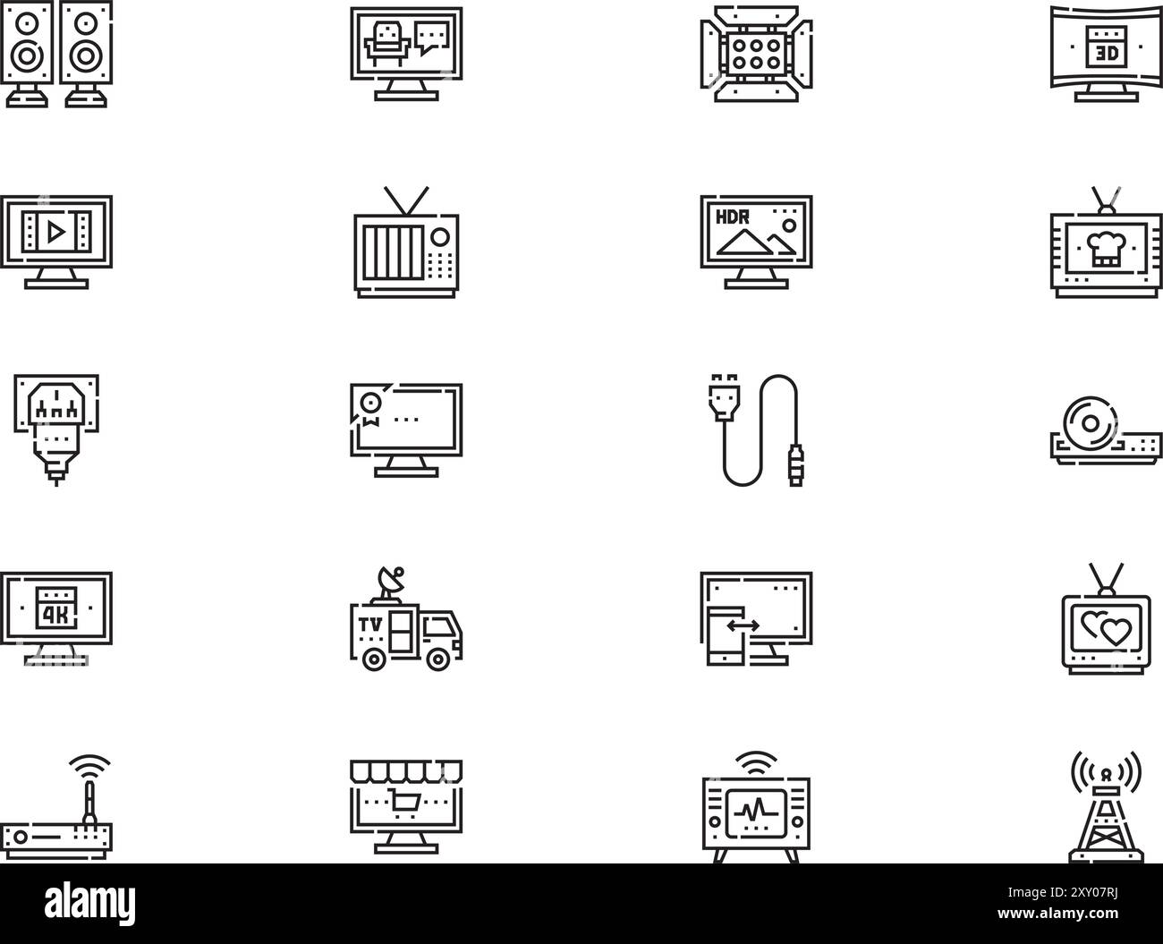 Die Sammlung der Fernsehsymbole ist eine Vektorillustration mit bearbeitbarem Kontur. Stock Vektor