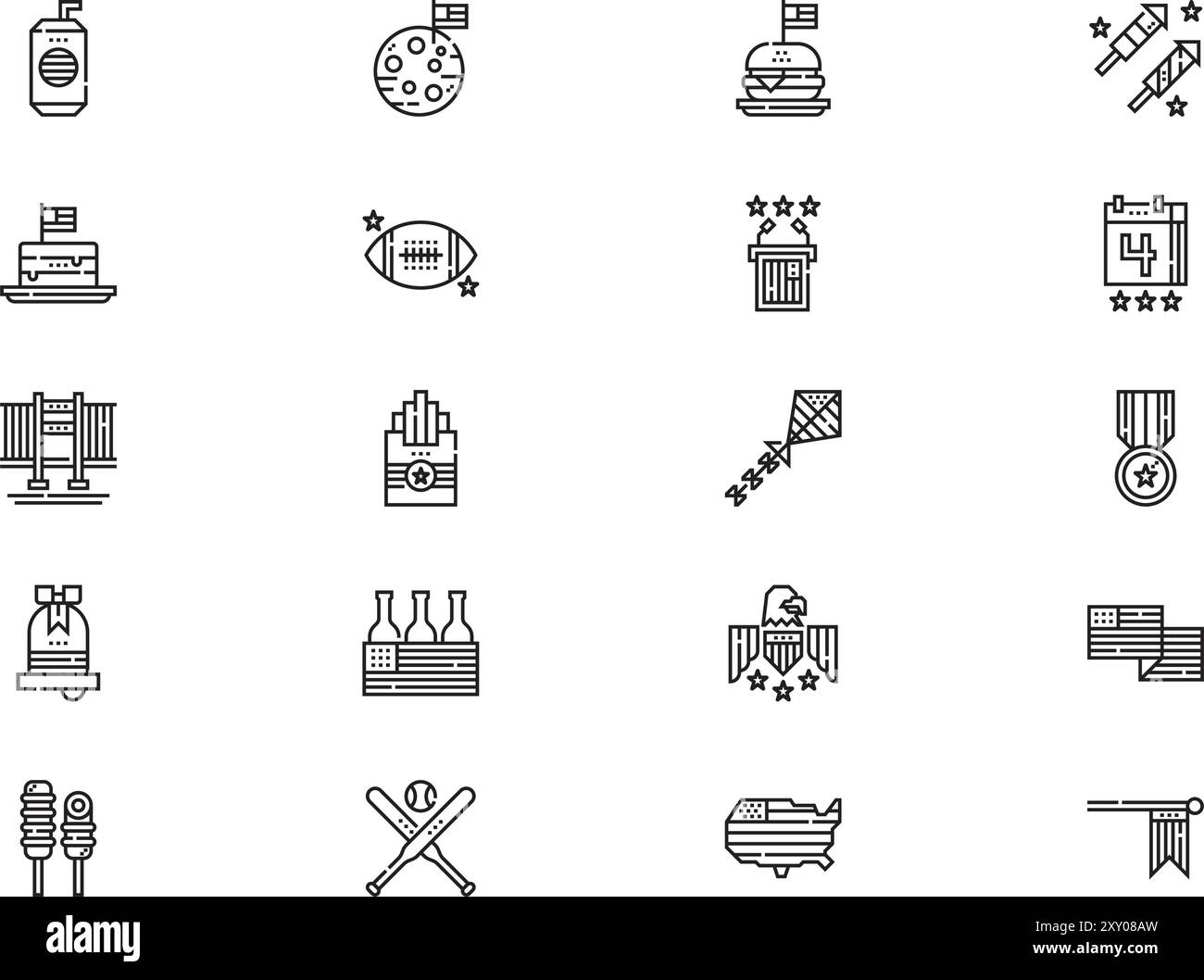 Die Icons-Sammlung vom juli ist eine Vektorillustration mit bearbeitbarem Kontur. Stock Vektor