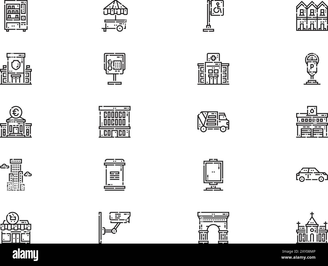 Die Kollektion City Icons ist eine Vektorillustration mit bearbeitbarem Kontur. Stock Vektor