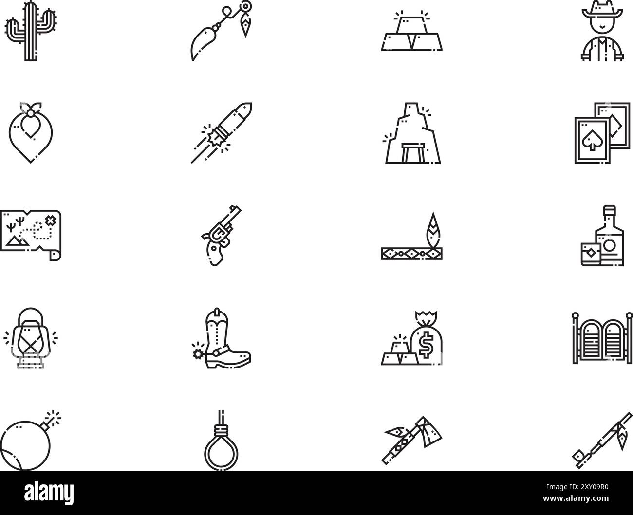 Die Sammlung Wild West Icons ist eine Vektorillustration mit bearbeitbarem Kontur. Stock Vektor