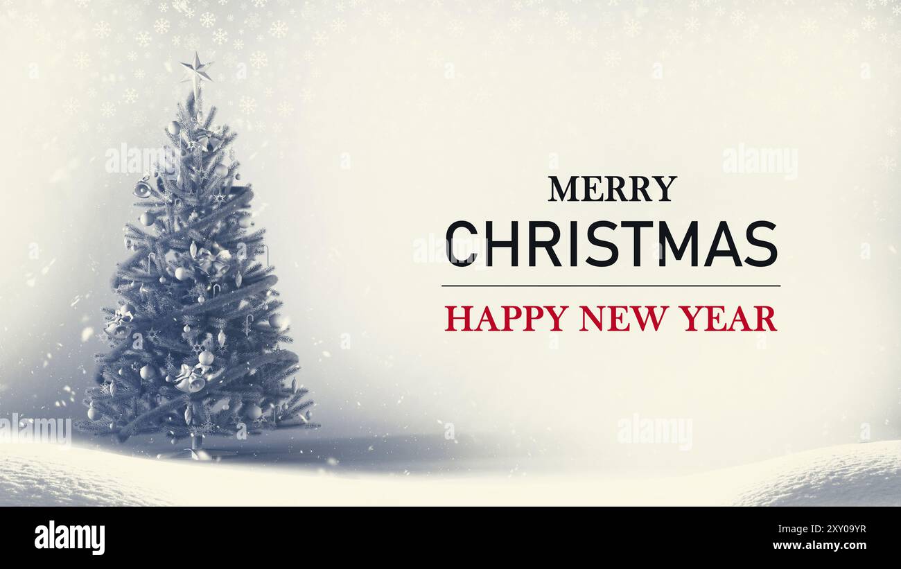 Frohe Weihnachten Hintergrund mit Schneelandschaft mit Weihnachtsbaum und Schneeflocken, 3D-Rendering. Stockfoto