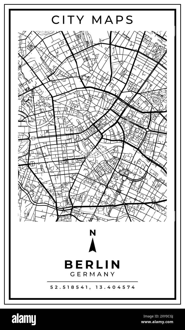 Monochrome Line Art Map von Berlin City Deutschland, Illustration und Wohndekoration Stock Vektor