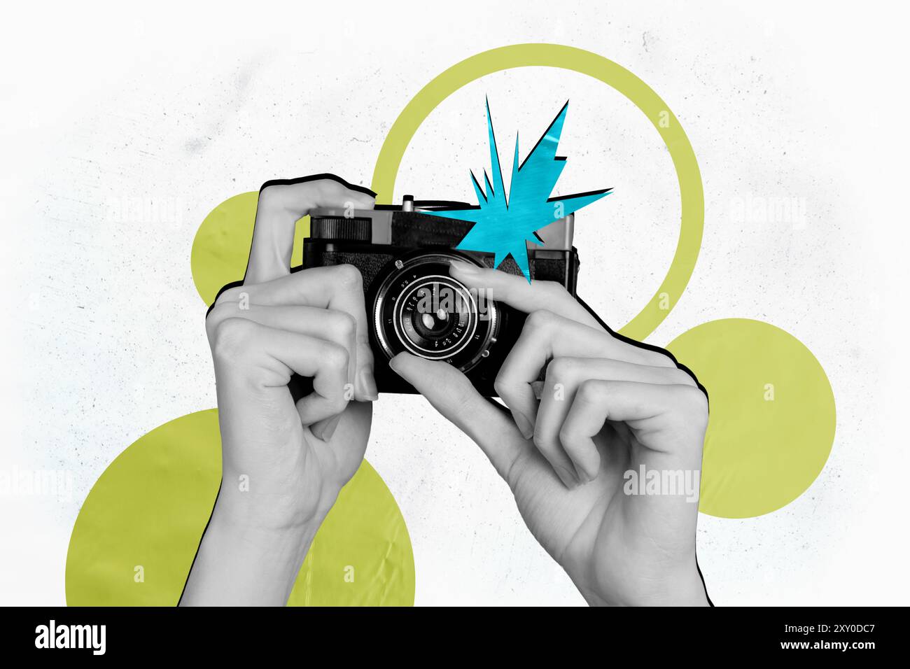 Kreative Collage Bild Hände Körper Fragmente halten Kamera Aufnahme Objektiv Fotograf Paparazzi Zeichnung Hintergrund Stockfoto