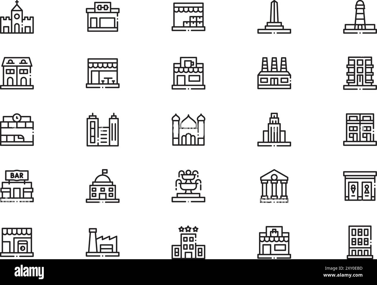 Die Kollektion Urban Buildings Icons ist eine Vektorillustration mit bearbeitbarem Strich. Stock Vektor