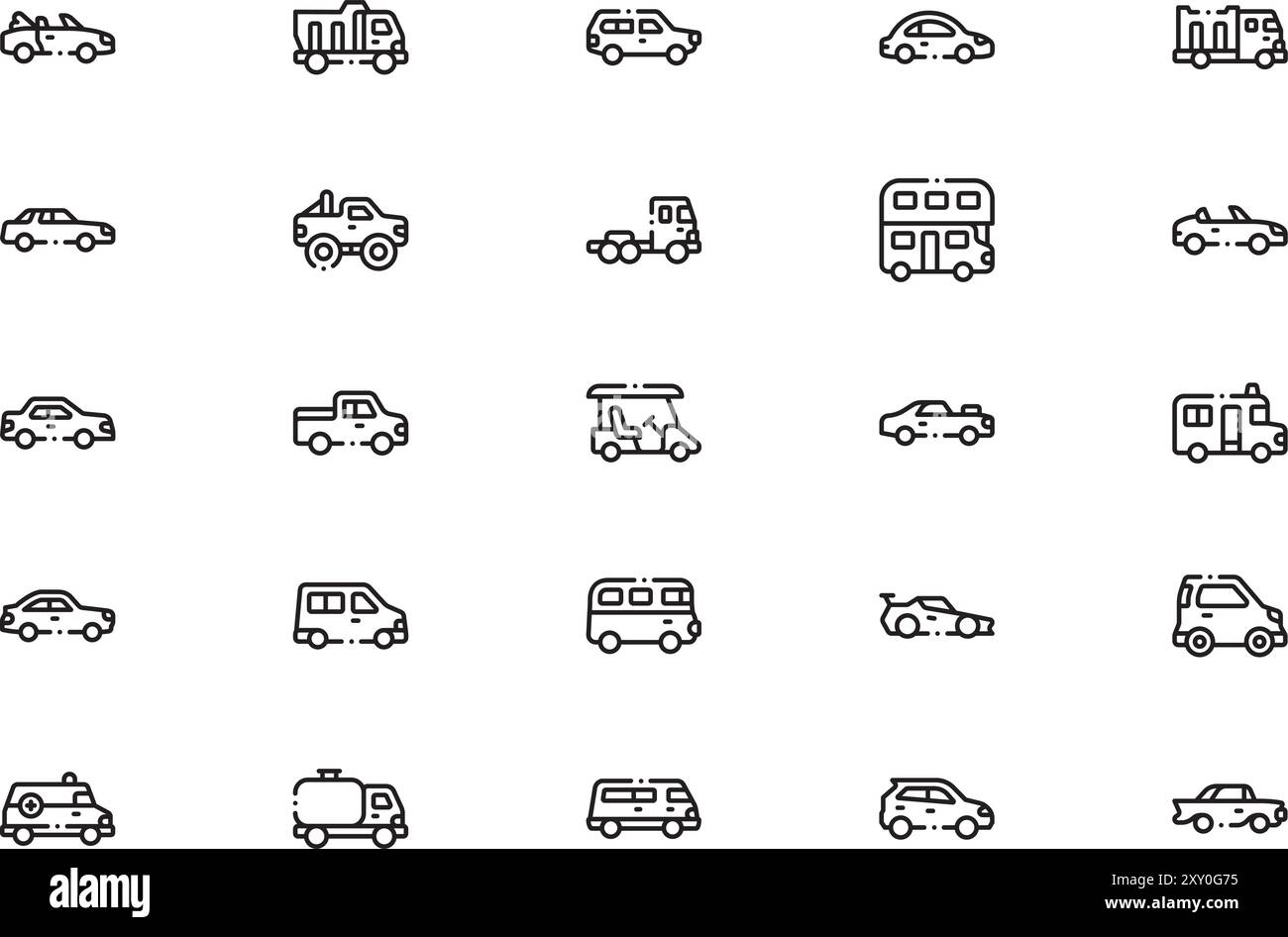Die Sammlung der Symbole für Fahrzeugtypen ist eine Vektorillustration mit bearbeitbarem Kontur. Stock Vektor