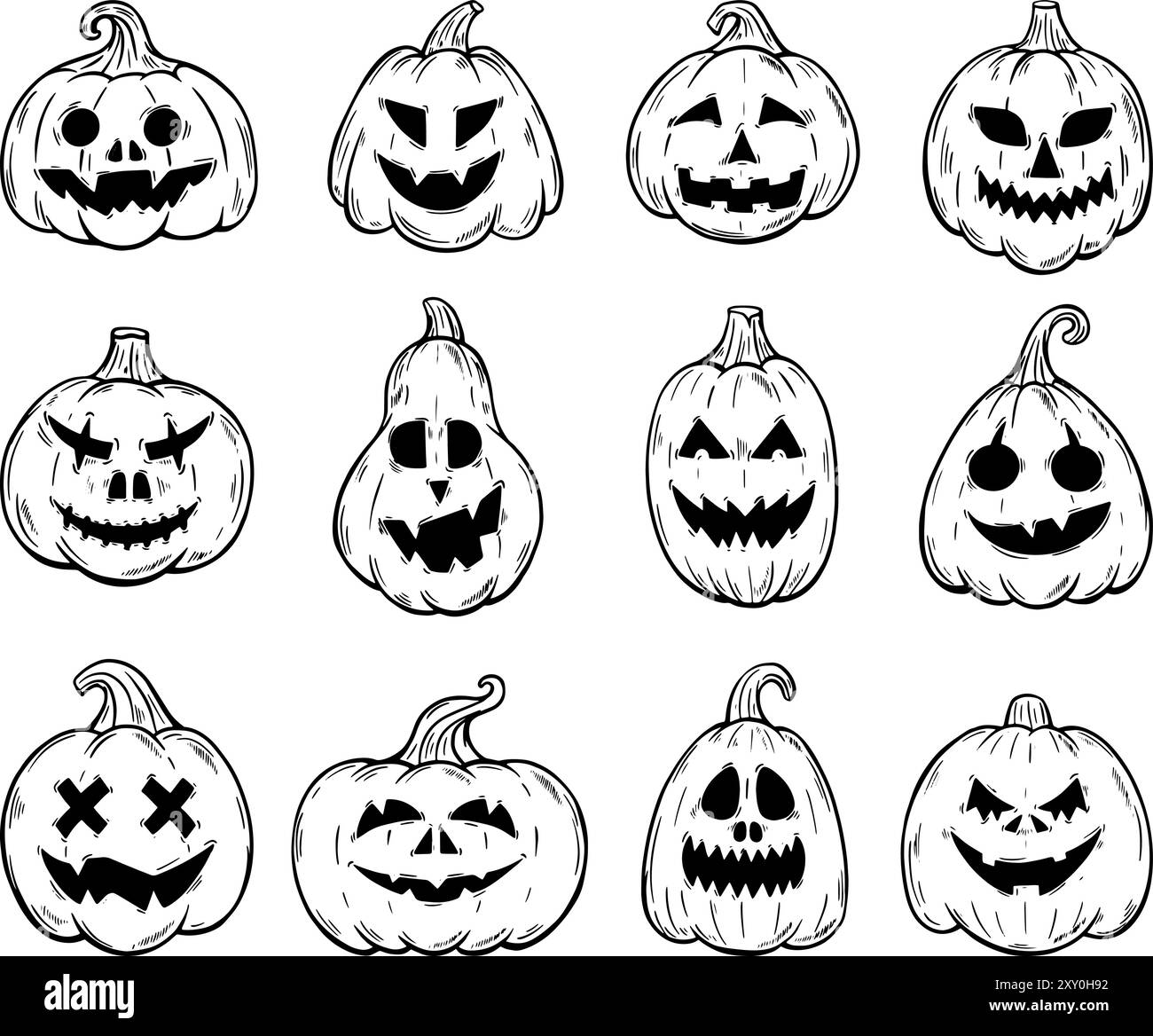 Kritzele halloween Kürbisse. Lustige Kürbis-Grusel-Gesichter-Ikonen. Herbsterntepartys, Comic-Monster. Festliche Dekorationen neoterischen Vektorsatz Stock Vektor