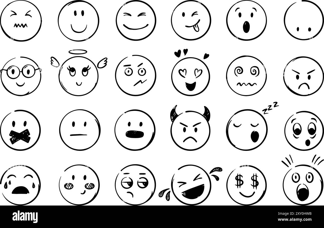 Doodle Emoticons. Emotionale Gesichter handgezeichnet Stil. Andere Stimmung, glückliches verwirrtes Weinen überrascht. Comic-Gesicht neoterische Vektorclipart Stock Vektor