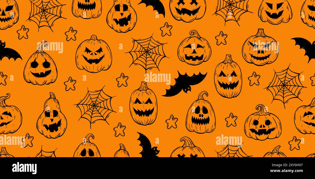 Nahtloses Doodle-Kürbis-Muster. Skizzieren Sie Kürbisse mit gruseligen Gesichtern, Spinnennetz und Fledermaussilhouetten. Halloween Print Design, neoterische Vektorvorlage Stock Vektor
