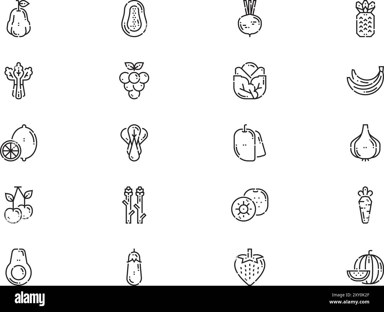 Die Icons-Kollektion für Obst und Gemüse ist eine Vektorillustration mit bearbeitbarem Kontur. Stock Vektor