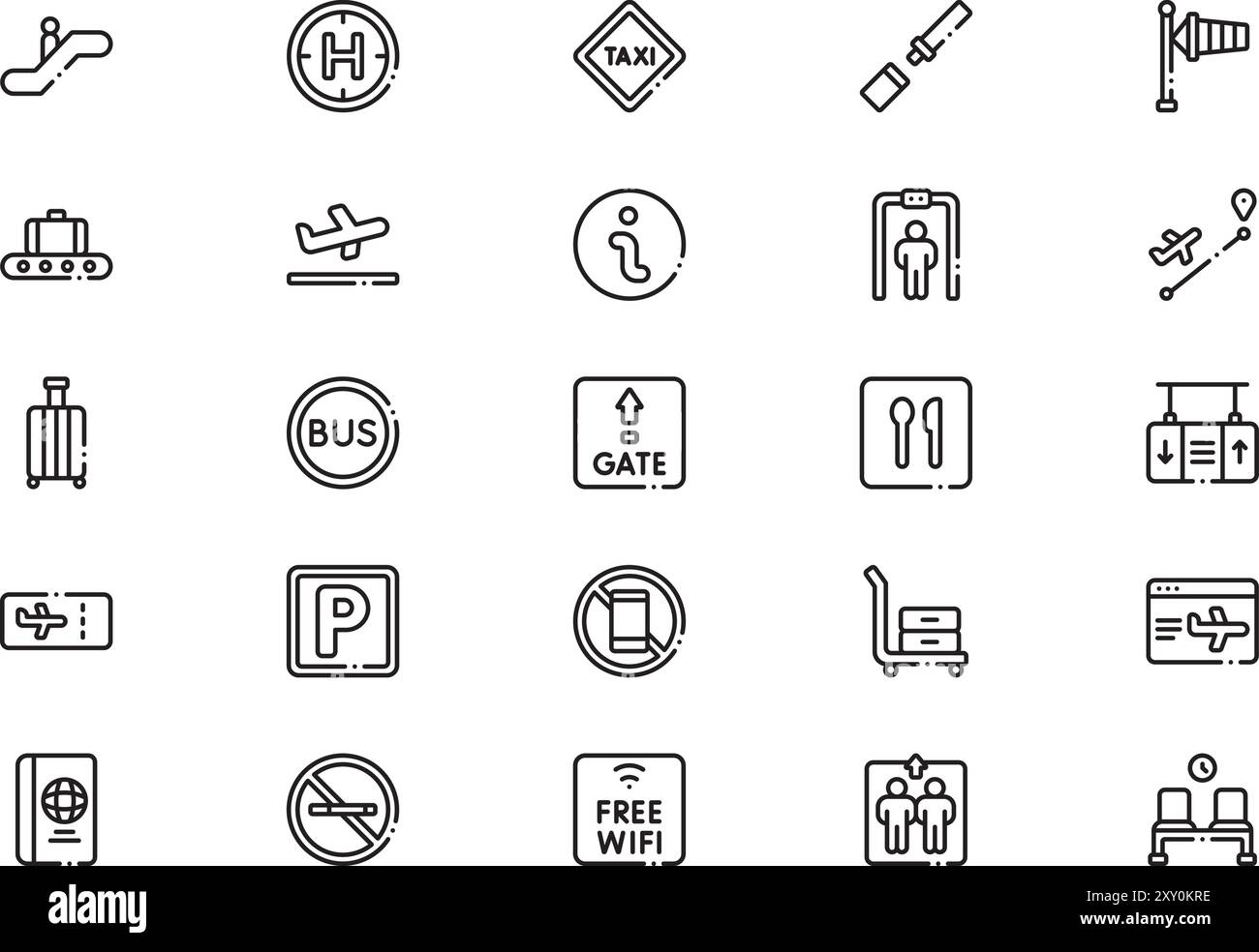 Airport Icons Collection ist eine Vektorillustration mit bearbeitbarem Kontur. Stock Vektor