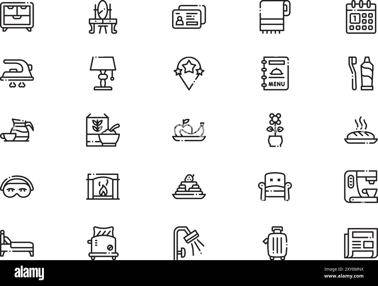 Bed and Breakfast Icons Sammlung ist eine Vektorillustration mit bearbeitbarem Strich. Stock Vektor